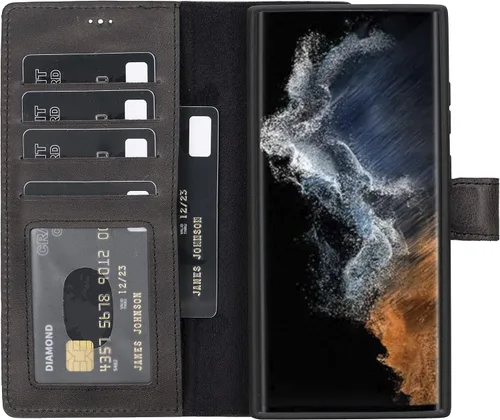 Miniatura 37 de HARDISTON Funda de piel compatible con Samsung Galaxy S22 Ultra – Funda magnética fuerte desmontable hecha a mano con tarjeteros y soporte, Negro