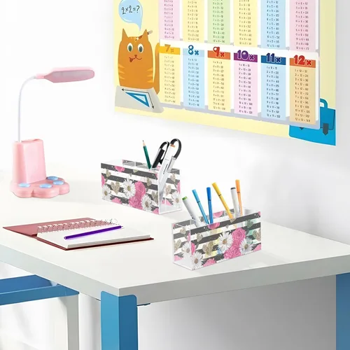 Miniatura 6 de Cute Pencil Cups for Desk, Black and White Striped Rose Daisy Pen Holders Marker Organizer, Acrylic Hair Brush Holder 4 Compartments for Home, Black