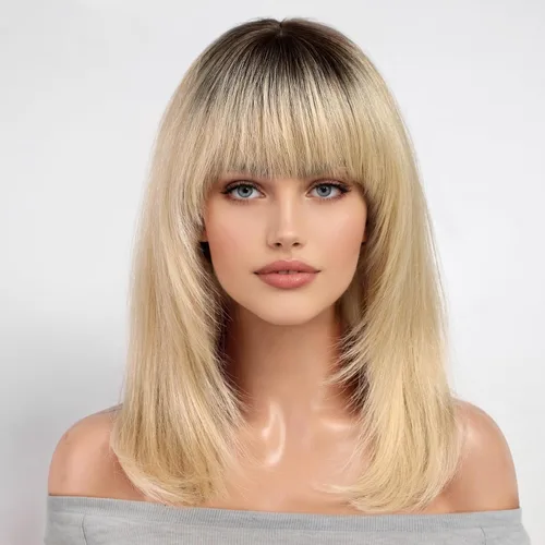 Miniatura 14 de KKU Pelucas de cabello humano de 16 pulgadas para mujer, peluca de cabello lacio en capas con flequillo, realismo natural, pelucas de cabello real