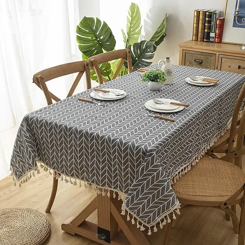 Miniatura 10 de Dinner Table Cover, 55 x 55 inch, Square, Black, Style 2, Cotton Triangle with Tassel Table Cloth for Party estilo 2