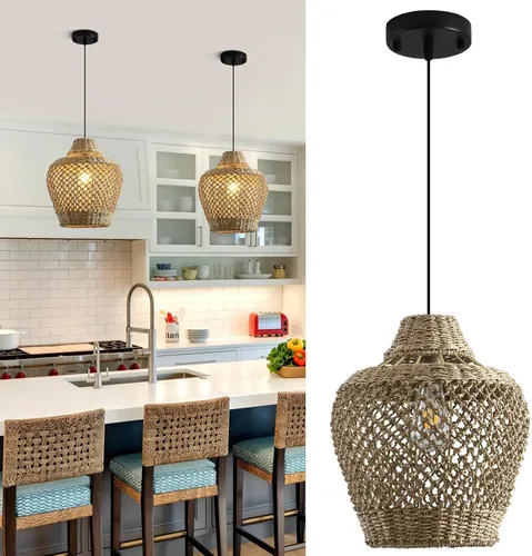 Miniatura 12 de Lámpara colgante de ratán de 3 luces, estilo bohemio, tejido de mimbre, costero, para colgar en el techo, para cocina, isla, sala de estar, comedor