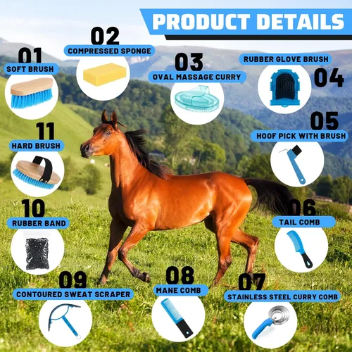 Miniatura 3 de Abbylike Kit de aseo de caballos de 12 piezas, suministros para sala de carreras, festivales, juegos de cepillos para caballos, kit de limpieza