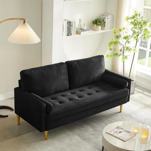 Miniatura 5 de Sofá biplaza moderno de terciopelo de 67 pulgadas, sofá biplaza tapizado con mechones de mediados de siglo con 2 almohadas y 4 patas doradas, sofás