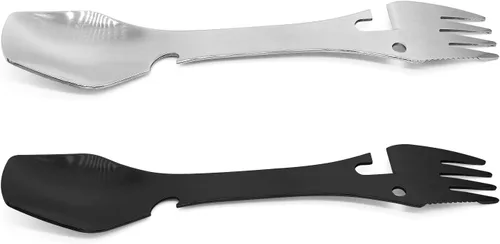 Miniatura 8 de Paquete de 2 cucharas de tenedor multifunción de acero inoxidable 5 en 1, tenedor y cuchillo, abrelatas y utensilios de campamento para picnic