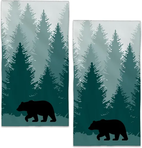 Juego de 2 toallas de mano con diseño de oso de árboles de bosque brumoso, juego de 2 toallas de cocina suaves, toallas decorativas para baño, para