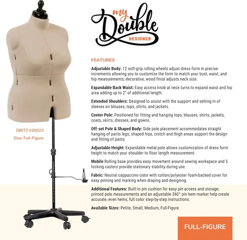 Miniatura 2 de Dritz My Double Designer Forma de Vestido Ajustable de Figura Completa, Tallas Femeninas US 20–24, Maniquí de Costura con Torso Corporal que se