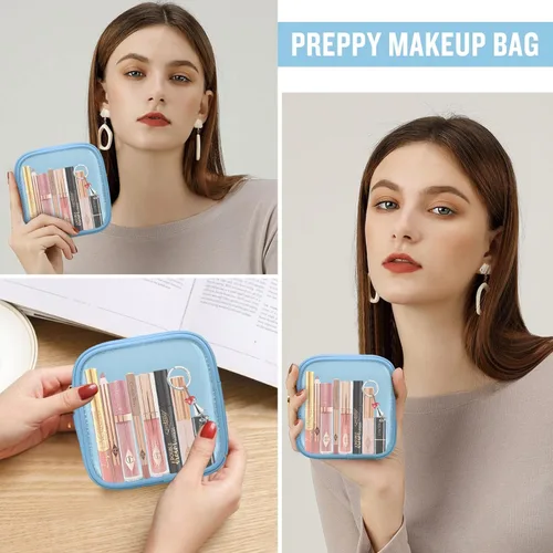 Miniatura 5 de izuzta Bolsa de maquillaje pequeña de nylon para bolso, linda bolsa de cosméticos con cremallera, bolsa de maquillaje preppy, Azul, Mini 2-Azul