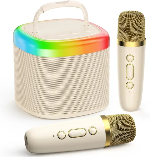 JYX Mini Máquina de Karaoke para Niños, Altavoz de Karaoke Bluetooth Portátil con Gabinetes Sin Energía, 2 Micrófonos Inalámbricos y Luces de Fiesta