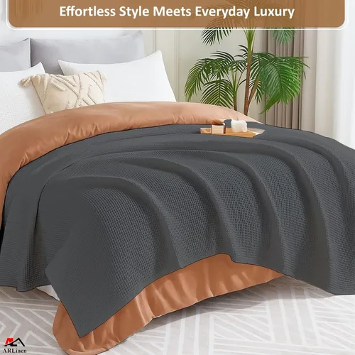 Miniatura 6 de ARlinen Manta de cama de gofres, 100% algodón, suave, ligera, transpirable, manta térmica para todas las estaciones, tamaño King, gris oscuro