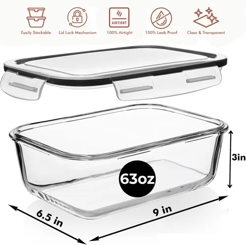 Miniatura 3 de Razab 4 PC 1860ml / 63 Oz / 8 Cups Large Glass Food Storage Containers with Lids - Glass Meal Prep Containers for Roasting & Storing Leftover, Lunch