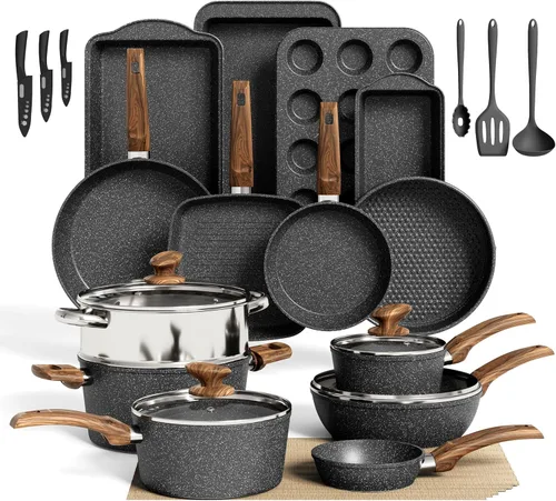 Miniatura 13 de DishDelight Juego de 17 piezas de ollas y sartenes antiadherentes, juego de utensilios de cocina de granito antiadherentes, juego de utensilios