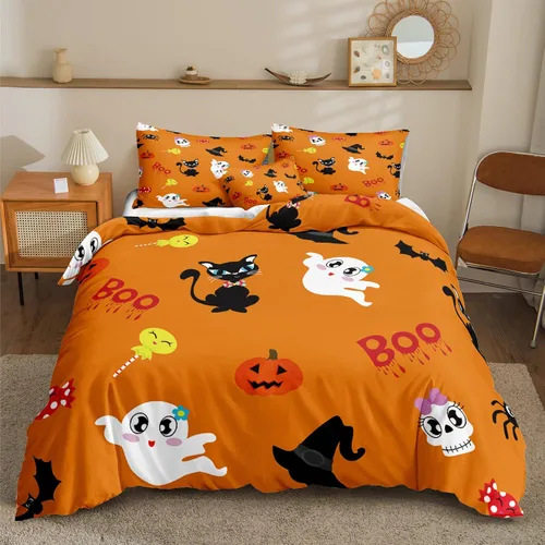 Miniatura 41 de Juego de funda de edredón de calabaza para Halloween, divertido diseño de calabaza malvada, color negro, juego de ropa de cama Tiwn 1 funda