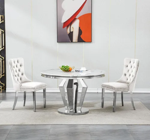 Miniatura 23 de Henf Juego de mesa de comedor redonda de mármol para 6, moderna mesa de comedor de 45 pulgadas con base de acero inoxidable con diseño de diamante