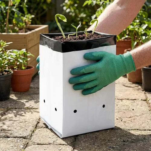 Miniatura 5 de Lawei Paquete de 100 bolsas de cultivo de plástico de 1 galón, bolsas de cultivo de plantas en blanco y negro, bolsas de siembra para plantas