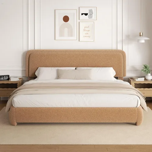 Miniatura 9 de Base de cama de tamaño Full con tapizado de bouclé, plataforma tapizada con cabecera, anticolisión con esquinas redondeadas suaves, no requiere