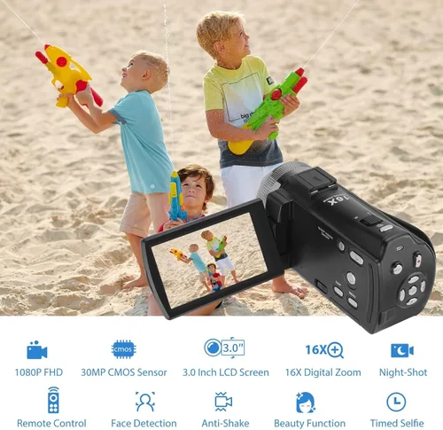 Miniatura 3 de Videocámara de video, Full HD 1080P 30FPS IR visión nocturna Vlogging cámara para YouTube Kids, pantalla LCD de 3.0 pulgadas, cámara digital