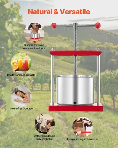 Miniatura 6 de VEVOR Prensa de vino de frutas de 1.6 galones/6L, 2 barriles de acero inoxidable, máquina manual de jugo, tintura de sidra, manzana, uva, miel, Rojo