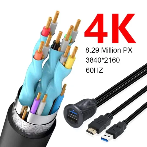 Miniatura 4 de MysRuida - Soporte USB 3.0 y HDMI con luz, 3.3 pies USB 3.0 macho a hembra y HDMI 4K macho a hembra, cable de extensión de montaje en panel