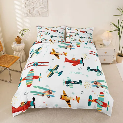Miniatura 14 de Feelyou Juego de ropa de cama de avión, tamaño individual, para niños, adolescentes, funda de edredón para vuelo, helicóptero, avión volador, azul