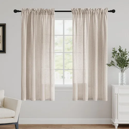 FantasDecor Cortinas de lino de 63 pulgadas de largo, juego de 2 paneles de privacidad para filtrar la luz, cortinas traslúcidas de lino para sala