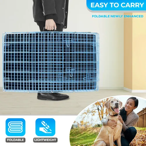 Miniatura 5 de FDW Jaula para perros grandes de 42 pulgadas plegable de metal con alambre para mascotas, doble puerta con panel divisor para interiores y Azul