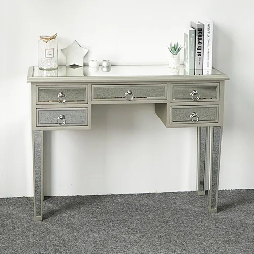 Miniatura 10 de Moderna mesa de consola plateada con espejo con 2 cajones de almacenamiento, escritorio rectangular de tocador, mesa de tocador de maquillaje