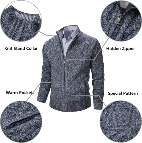 Miniatura 33 de VtuAOL Suéteres tipo cárdigan para hombre, con cremallera completa, cuello alto, cárdigan de punto casual con bolsillos