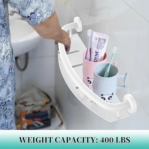 Miniatura 3 de Barra de seguridad blanca de 18 pulgadas con estante de almacenamiento para bañera o ducha, orificios de drenaje, acero inoxidable, barras de agarre