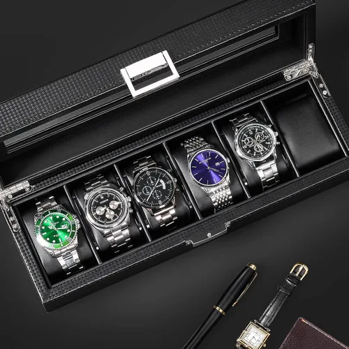 Miniatura 5 de BEWISHOME Caja de reloj para hombres Organizador de reloj con 6 ranuras, funda de reloj, diseño de fibra de carbono, parte superior de vidrio real