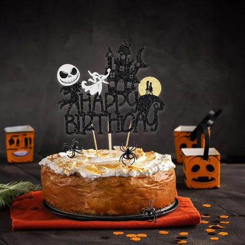 Miniatura 6 de 1 pieza de decoración de pastel de Halloween con purpurina Jack y Sally calabaza murciélago castillo fantasma Halloween pastel Pick para fiesta