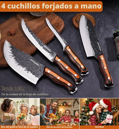 Miniatura 7 de Naitesen 4 piezas de cuchillo de carnicero forjado a mano y cuchillo de cocina 2 en 1, juego de cuchillo de chef serbio resistente para carne