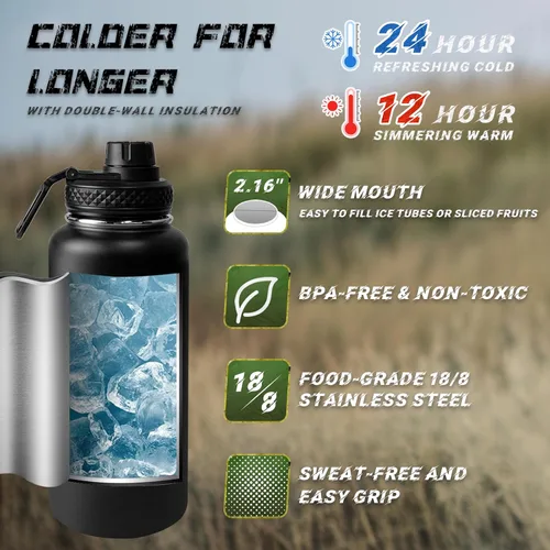 Miniatura 2 de Botella de agua aislada de 32 onzas, jarra de agua negra militar de acero inoxidable con manga, botellas de agua para gimnasio para hombres