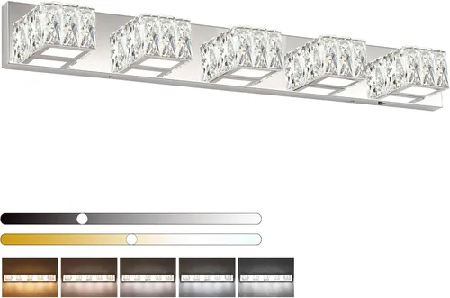 Miniatura 15 de Lámpara LED de baño – Moderna lámpara de tocador de cristal de 3 luces – Lámpara de pared cromada para baño 5CCT regulable