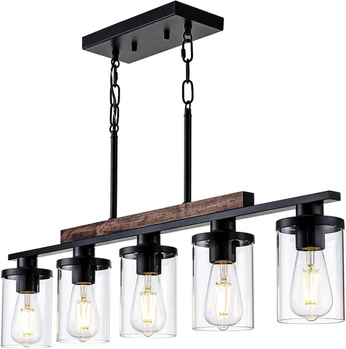 Miniatura 9 de Lámpara de Araña Lineal Moderna de Granja de 5 Luces para Isla de Cocina y Comedor – Luminaria Colgante Rústica Ajustable con Marco de Metal Negro