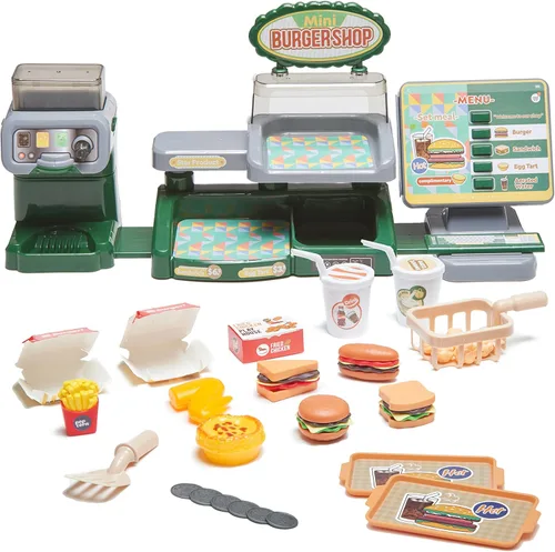 Juego de hamburguesas con menú de juguete, juego de cocina para niños, soporte retro para comedor para niños, juego de cocina para niños pequeños,