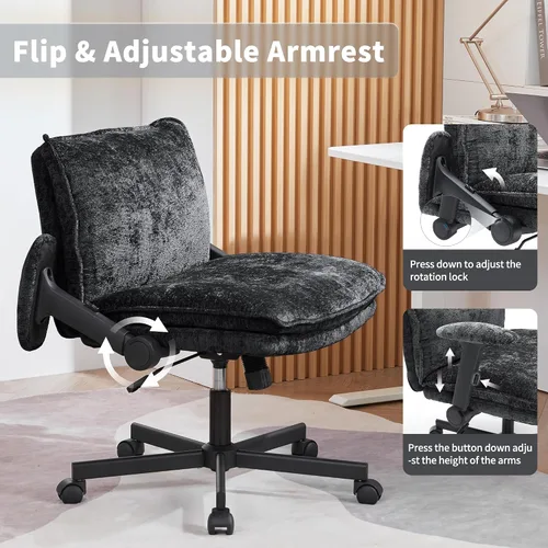 Miniatura 4 de FanciSpot Silla de oficina con patas cruzadas con ruedas y brazos abatibles ajustables, silla de escritorio cruzada con cojín grueso, silla de Negro