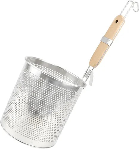 Colador de cocina multiusos de acero inoxidable con mango de madera, colador de cocina para colar, freír, cocinar al vapor y cocinar (7.1 in)