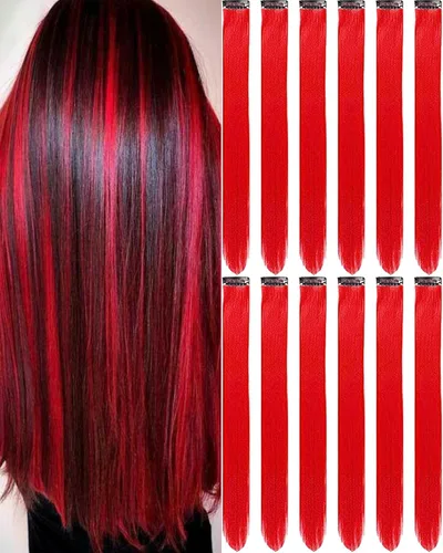 Miniatura 24 de 12 extensiones de cabello negro con clip, extensiones de cabello de color de 22 pulgadas, extensiones de cabello sintético largo y lacio para mujer