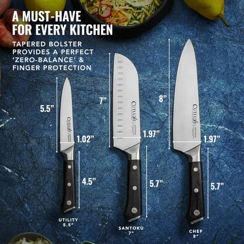 Miniatura 7 de Cutluxe Juego de cuchillos de chef, juego de 3 cuchillos de chef profesionales, acero alemán afilado, espiga completa, asas ergonómicas, serie