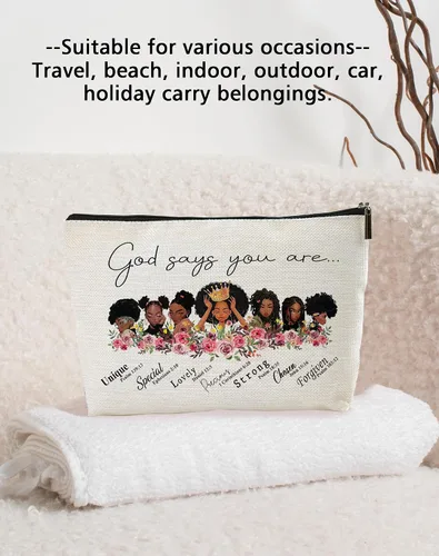 Miniatura 3 de LANBAIHE Bolsa de maquillaje cosmética especial afroamericana con texto en inglés "God Says You are One", regalo inspirador para amigas, hermanas
