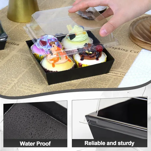 Miniatura 3 de Paquete de 100 cajas de charcutería con tapas transparentes y seguras, 5.3 x 4.9 x 2.5 pulgadas, cuadrados negros, contenedores desechables