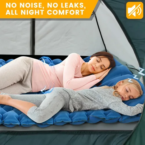 Miniatura 5 de Colchoneta de dormir para acampar para 2 personas, doble almohadilla de campamento con bomba de pie y almohada integrada, colchón de aire Azul
