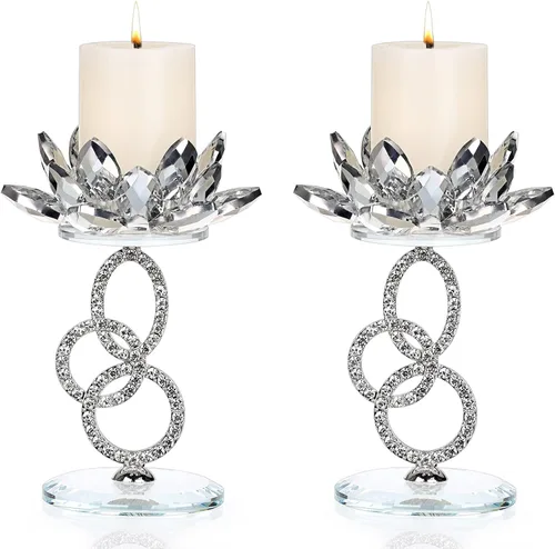 OwnMy Juego de 2 Portavelas de Flor de Loto de Cristal Soportes de Vela de Loto de Metal y Vidrio, Portavelas de Loto de Cristal Plateado para Velas