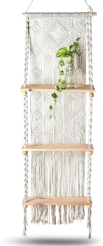 Miniatura 4 de Folkulture Estante de pared colgante de macramé de 3 niveles o estantes flotantes para decoración bohemia de habitación, estantes colgantes