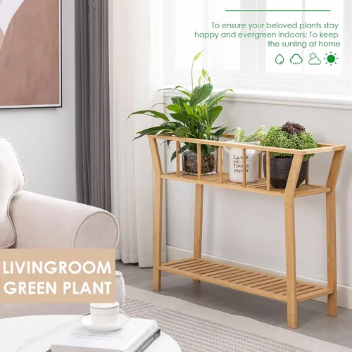 Miniatura 2 de Nnewvante Soporte de bambú para plantas de interior de 37.4 x 11 pulgadas, 2 niveles de alto, estante organizador de macetas, mesa de entrada