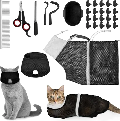 Juego de 9 Piezas de Bolsa de Baño para Gatos, Bolsa de Ducha para Gatos Anti Mordeduras y Arañazos para Aseo de Mascotas, Cepillo de Lavado, Peine,