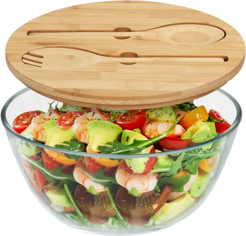 Miniatura 10 de ShineMe Juego de Ensaladera Negra, Ensaladera Grande de Fibra de Bambú de 9.8 pulgadas con Tapa y Utensilios (Cuchara y Tenedor), Tazón Sólido