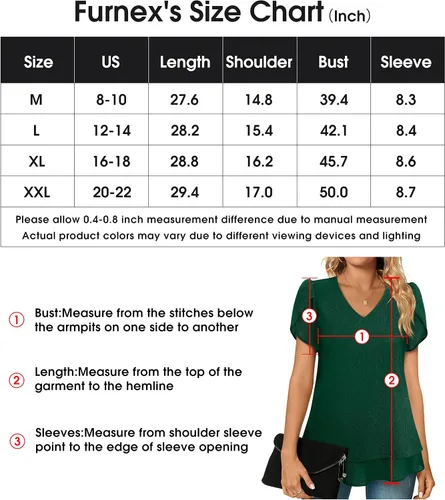 Miniatura 6 de Furnex Blusas de manga corta con cuello en V para mujer, diseño de pétalos de doble capa, túnica de gasa