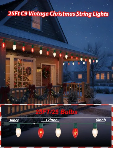 Miniatura 2 de Luces de Navidad C9 rojas y blancas de 25 pies, cadena de luces de Navidad C9 impermeables con 26 bombillas rojas y blancas, luces de Navidad Luz