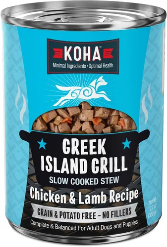 KOHA Greek Island - Estofado a la parrilla para perros con pollo y cordero, comida húmeda para perros con alto contenido de proteínas, latas de 12.7